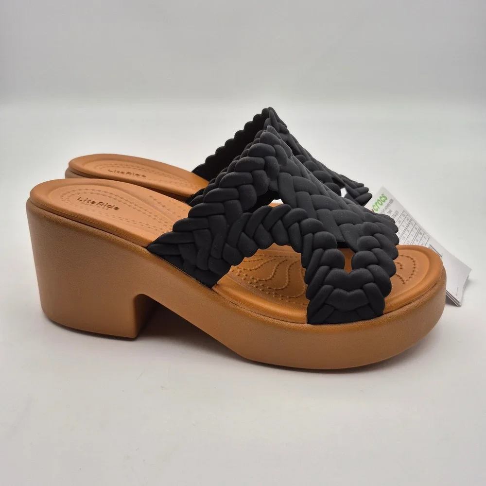 Crocs Brooklyn Woven Slide Heel Platform Sandals Noir Black Women's Size 8 Shoes